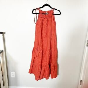 Knotium linen rust orange high‎ neck tiered midi dress nwt xs/small